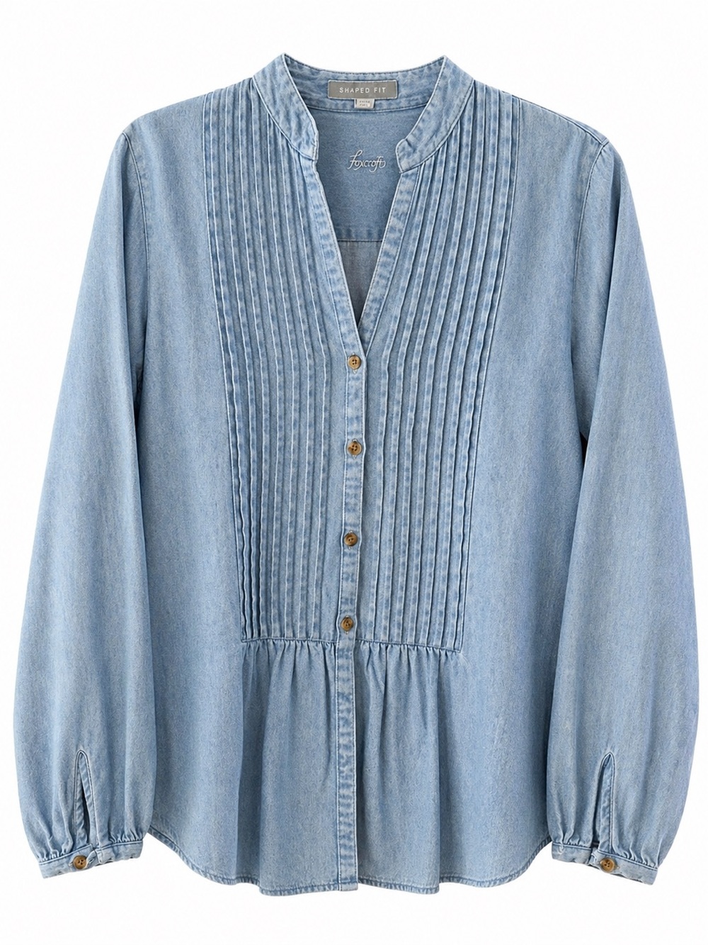 Foxcroft Denim Pintuck Button Front Pleated Denim Peasant Top Size 6 (S)
